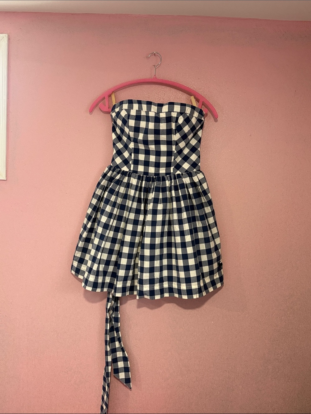 Navy & White Gingham Strapless Dress